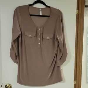 PerSeption Concept Taupe Scoop-Neck Henley Blouse